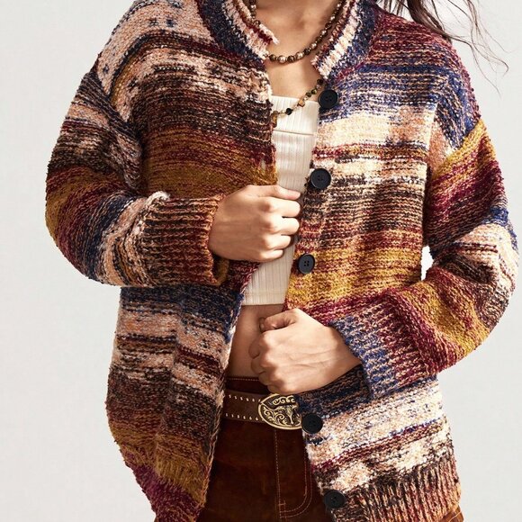 Multicolor Casual Women's Marble Knitted Oversized Cardigan - Picture 5 of 8